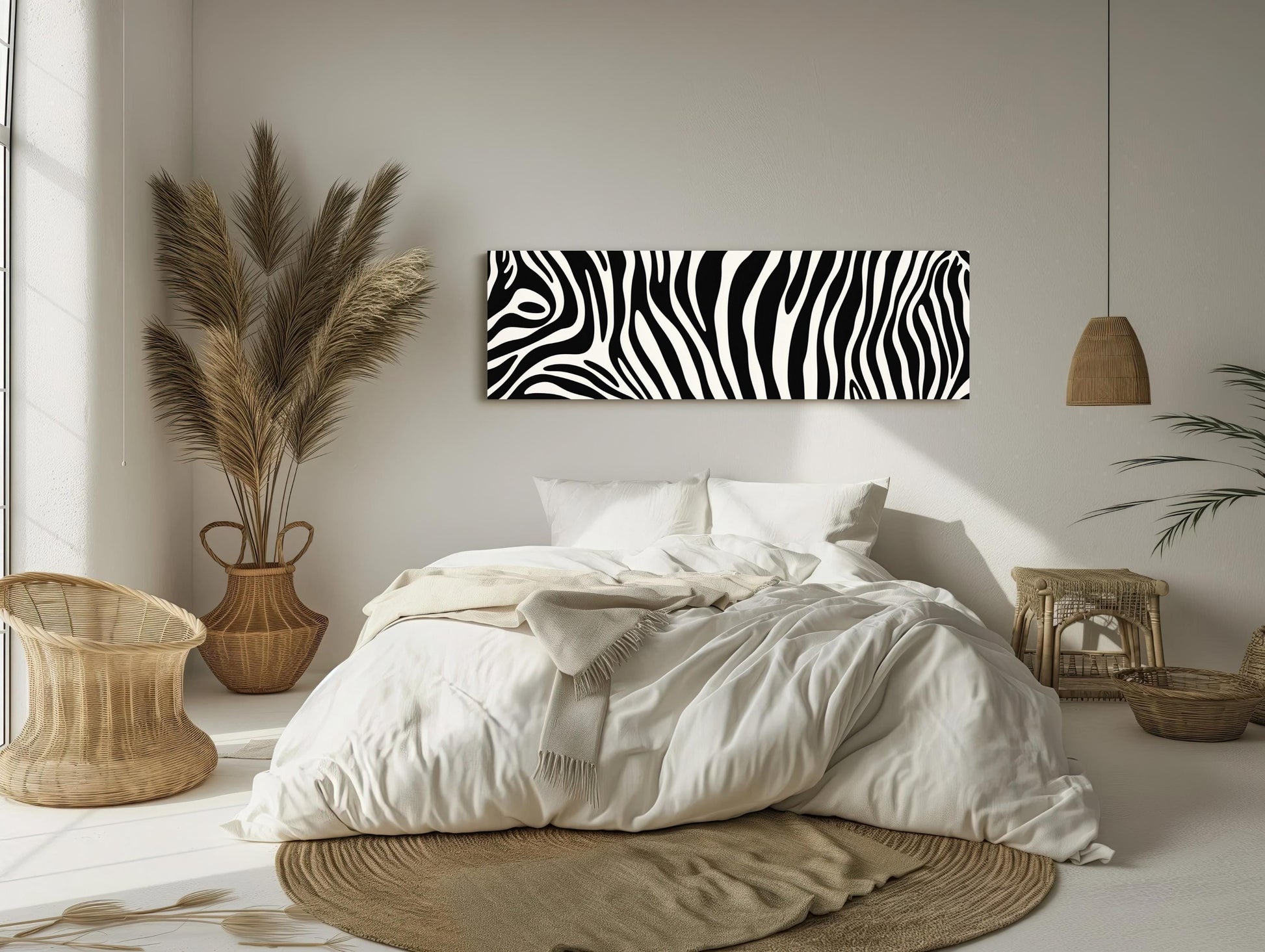 Zebra Stripe , Extra Large Black White canvas wall art shown in a bedroom