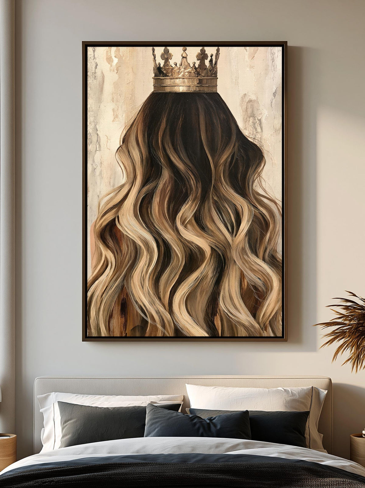 a large painting of a woman's long, wavy hair with a crown on top, hanging on a wall above a bed with white pillows.