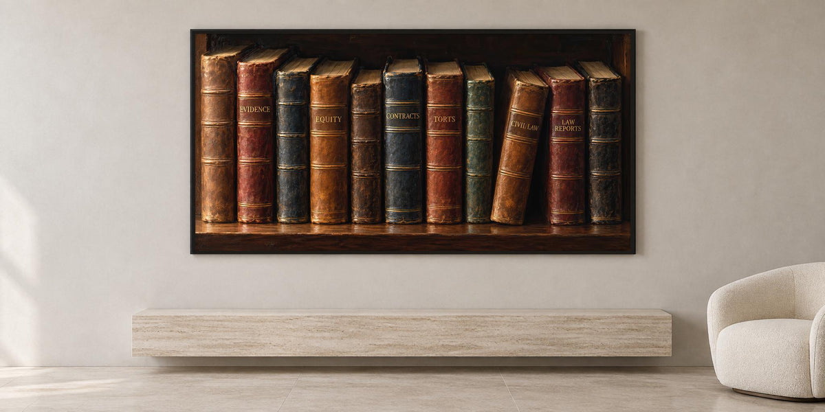 a large framed painting of a row of old books on a shelf, hanging on a wall in a room.