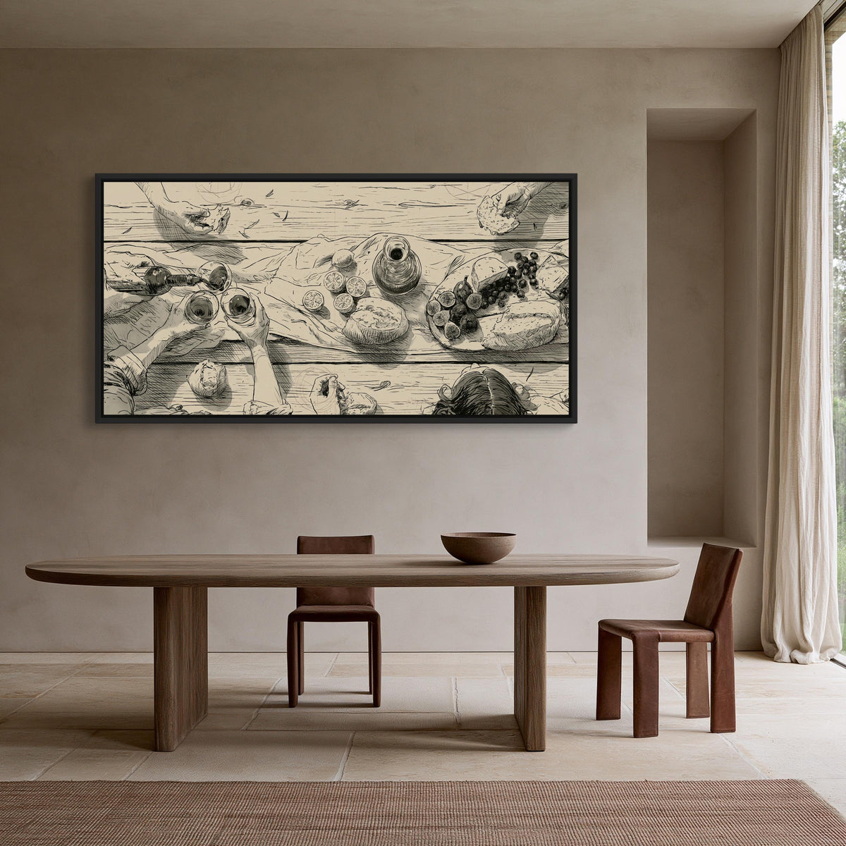 Dinner party table sketch canvas wall art, large, wooden dining table with three chairs, and a framed artwork depicting