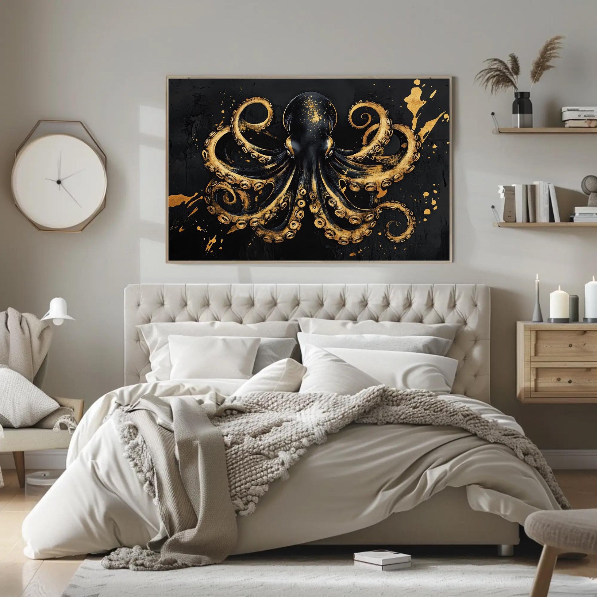 a bedroom with a bed and a painting on the wall