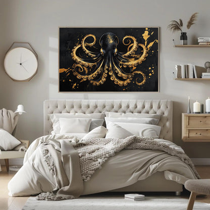 a bedroom with a bed and a painting on the wall