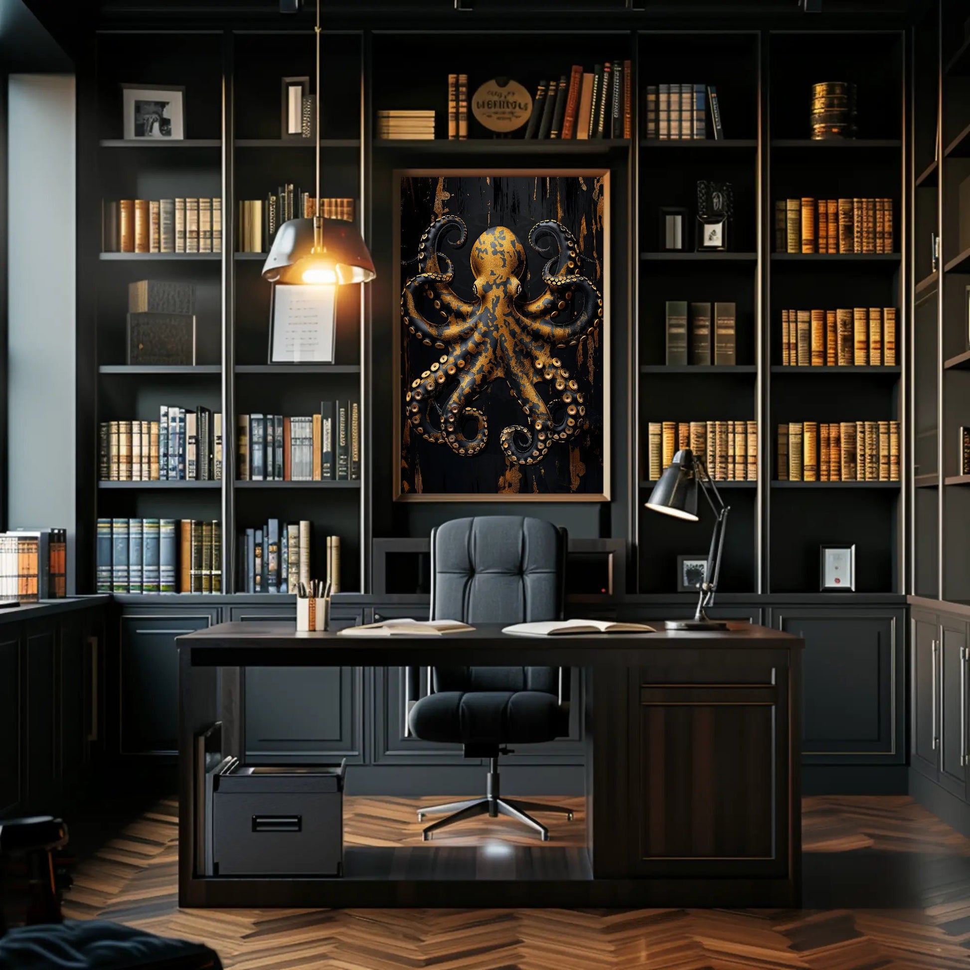 a room with a desk, chair, bookshelf and a lamp