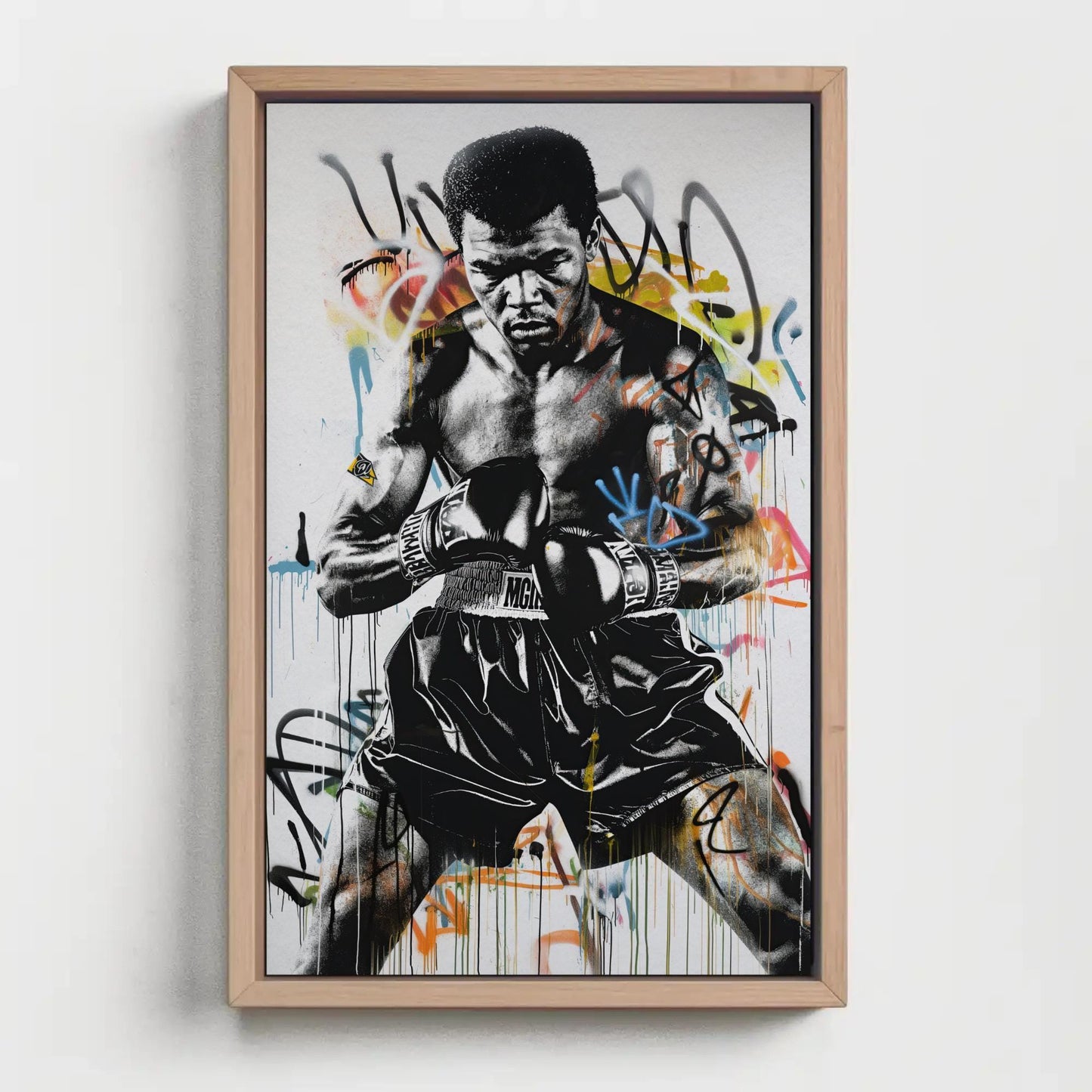 Muhammad Ali Graffiti canvas wall art shown in a styled room