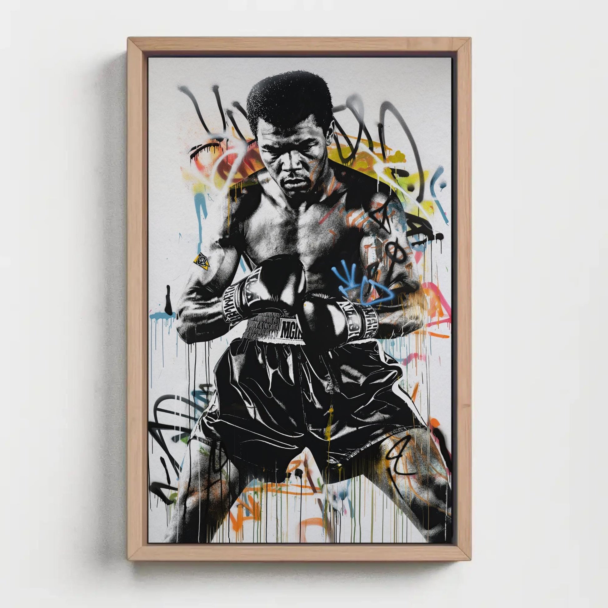 Muhammad Ali Graffiti canvas wall art shown in a styled room