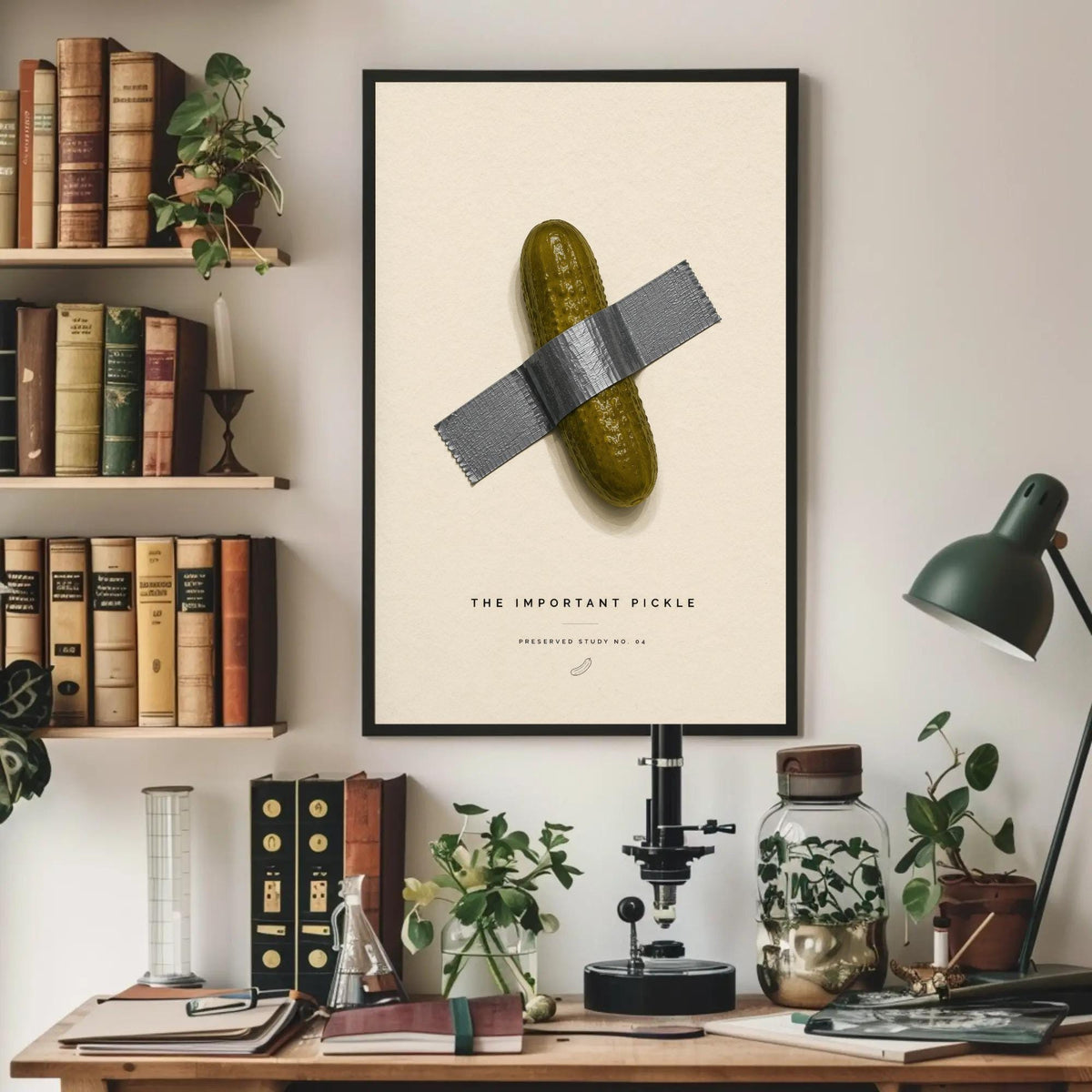 Taped pickle canvas wall art, framed poster with a humorous illustration of a pickle taped to a wall, surrounded by various