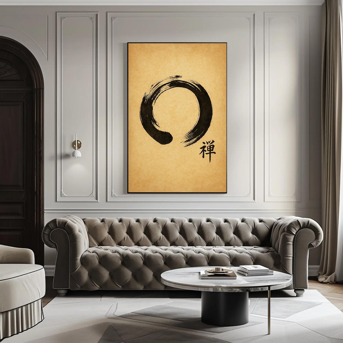 a living room with a couch and a coffee table