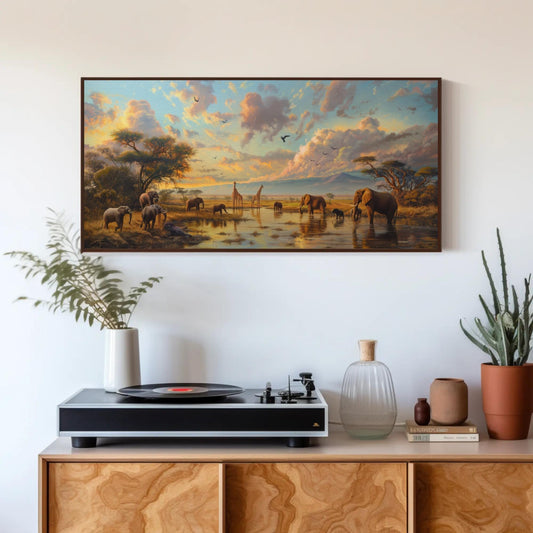 African Savannah Canvas Print, Giraffe Elephant Safari Wall Art