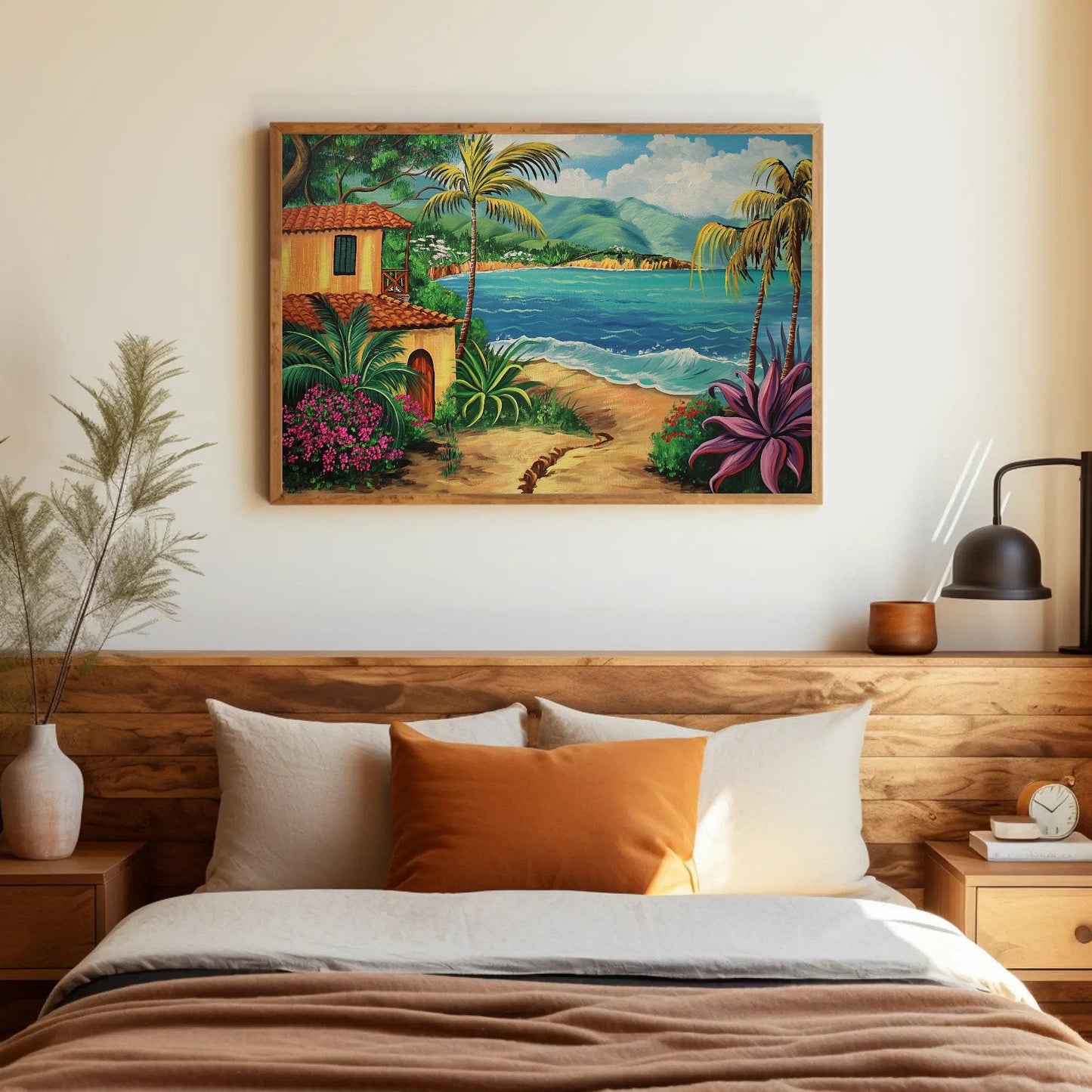 Puerto Rico canvas wall art shown above a bed