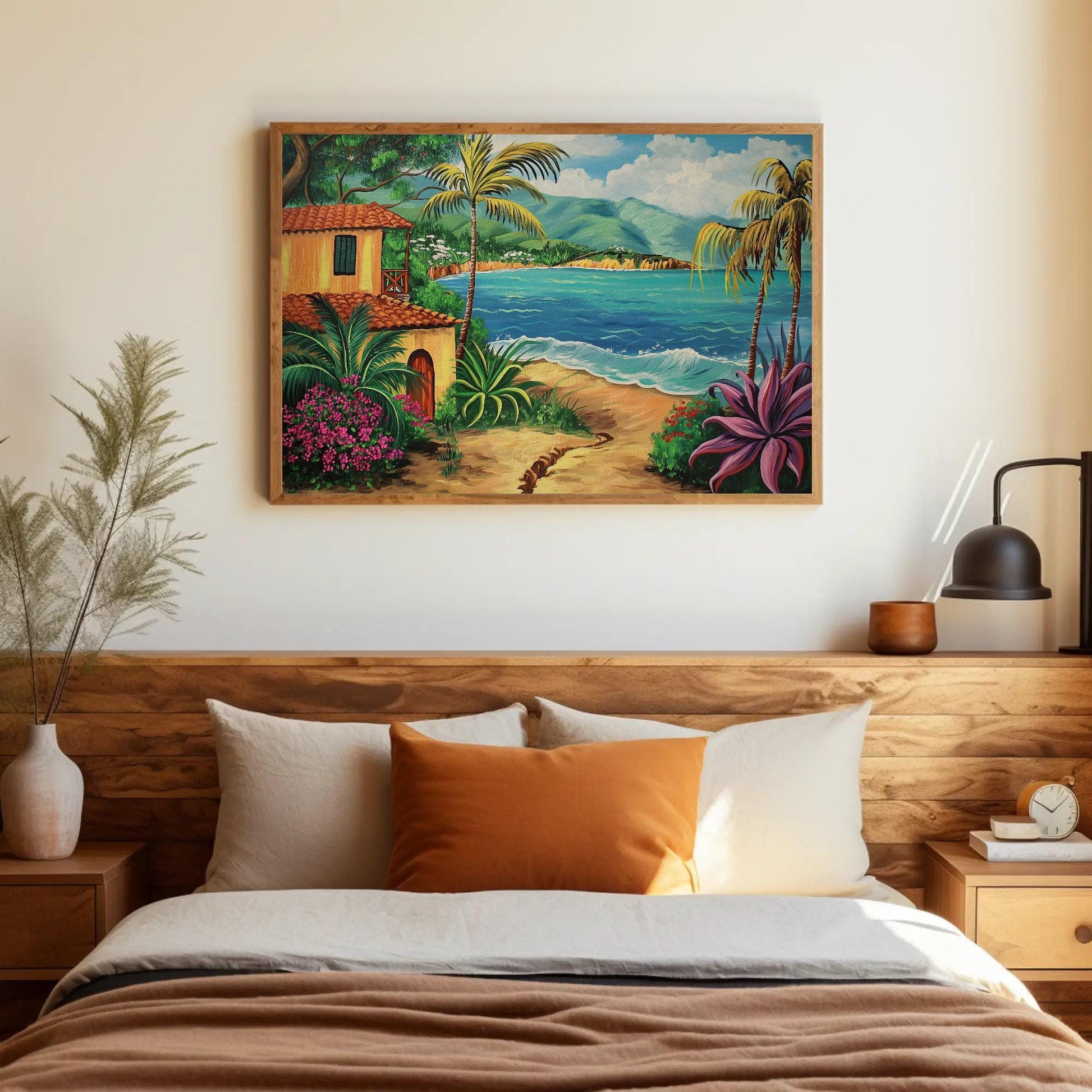 Puerto Rico canvas wall art shown above a bed