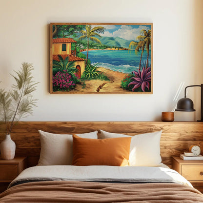 Puerto Rico canvas wall art shown above a bed