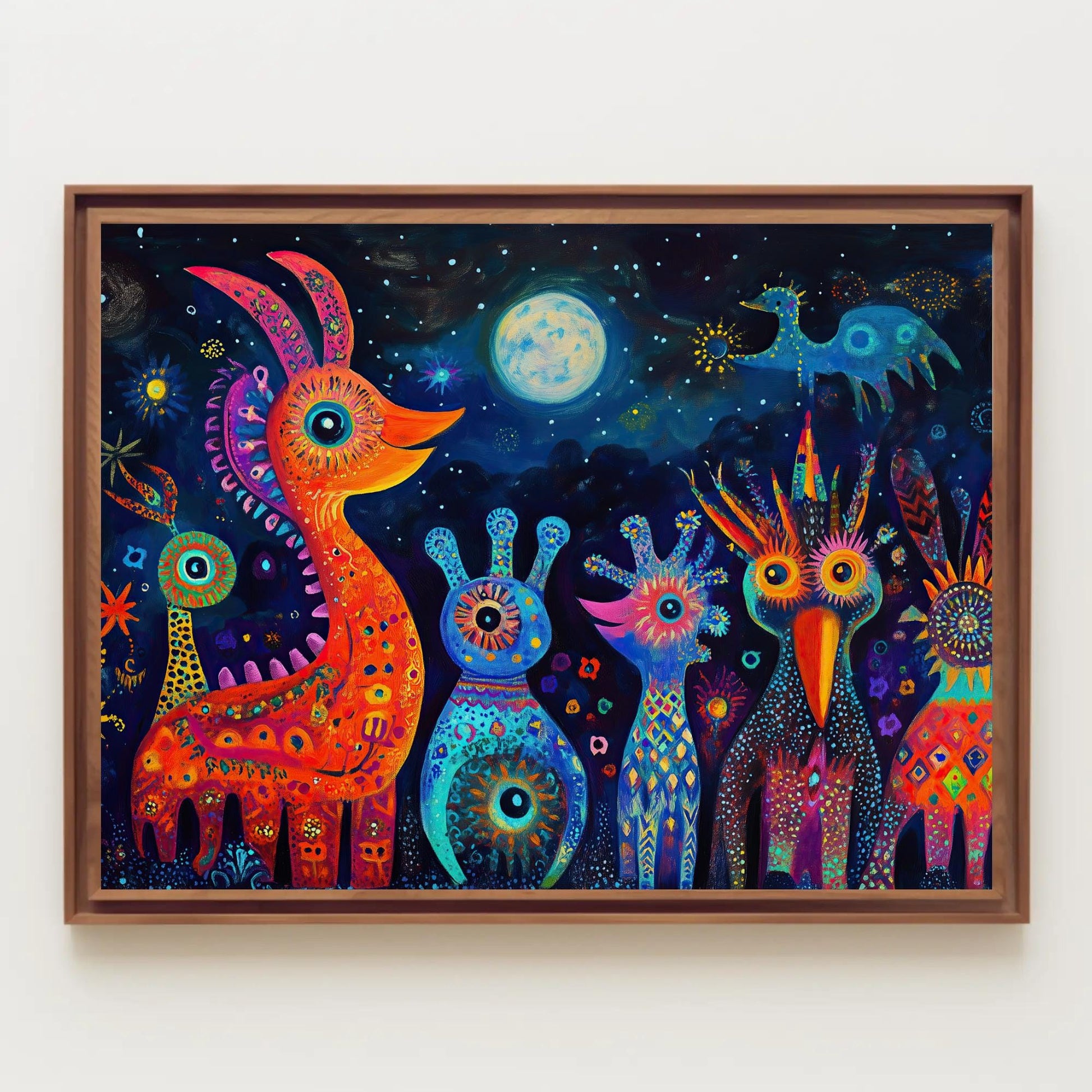 Oaxacan Alebrijes , Mexican Folk Art canvas wall art shown in a styled room