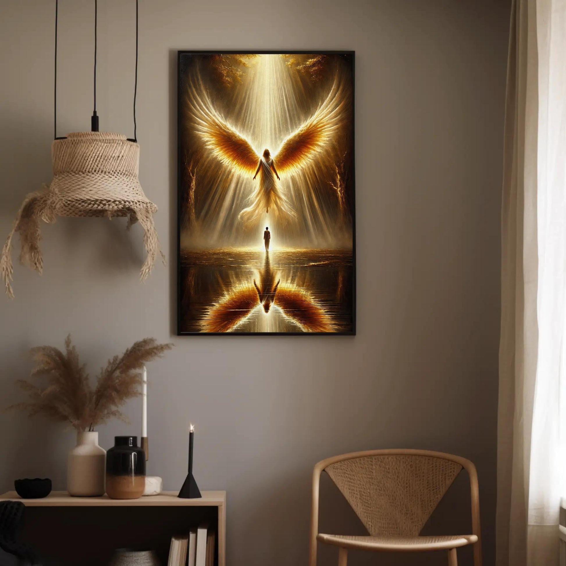 Golden Angel , Guardian Divine Protection canvas wall art shown in a styled interior