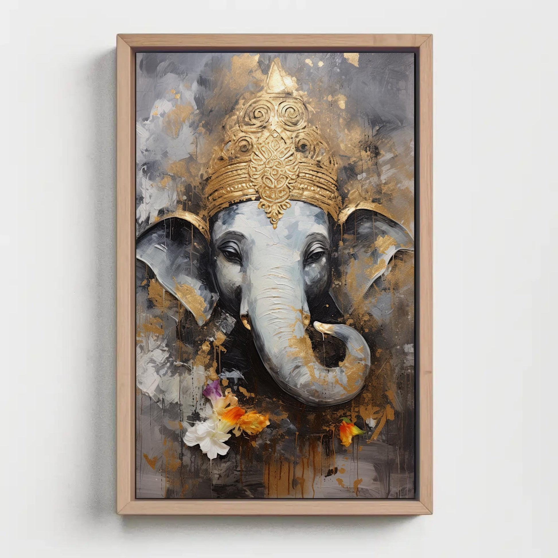 Ganesha Gold , Hindu God Pooja Room canvas wall art, ready to hang