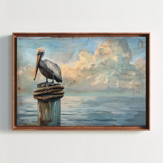 a painting of a pelican sitting on a post