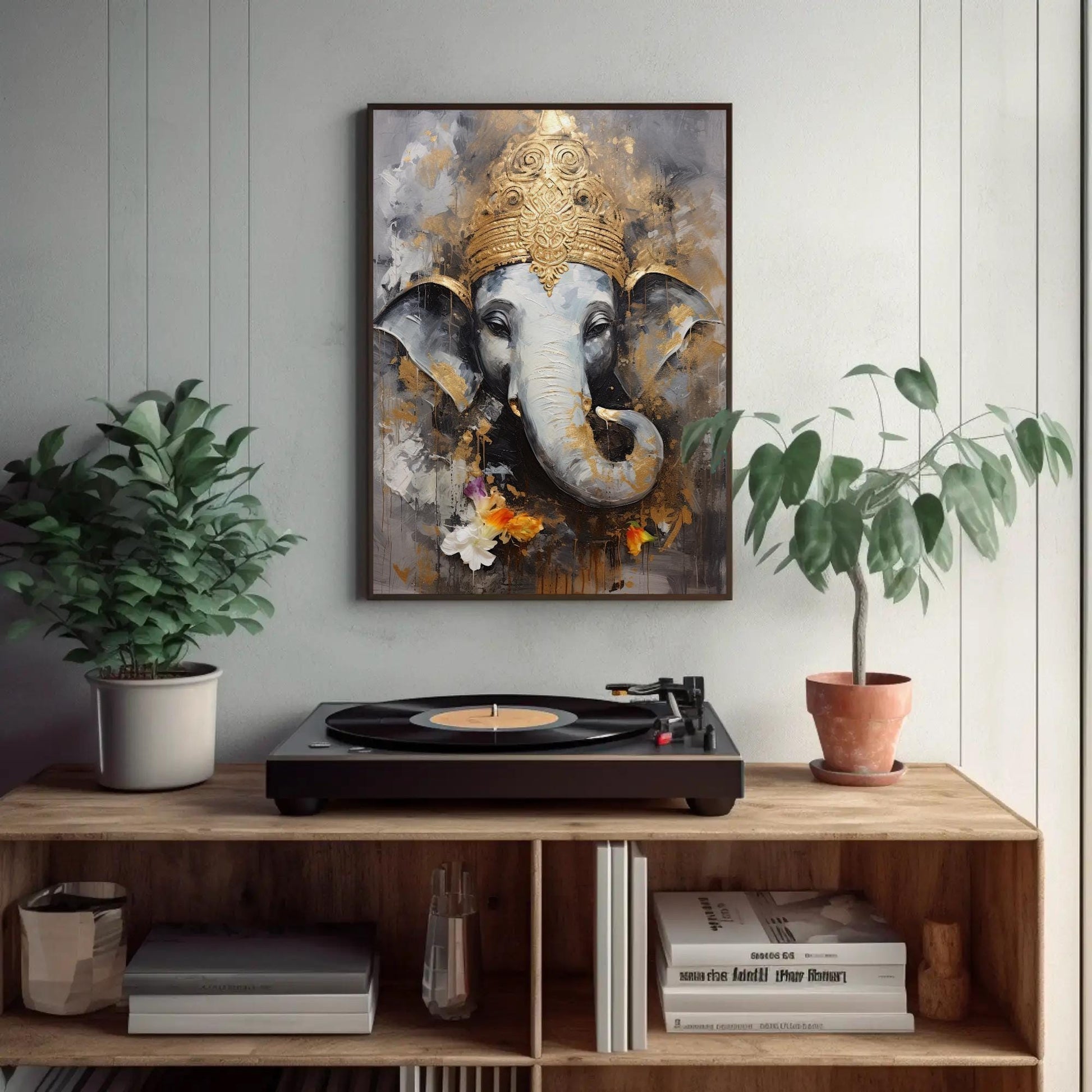 Ganesha Gold , Hindu God Pooja Room canvas wall art, gallery-wrapped or framed