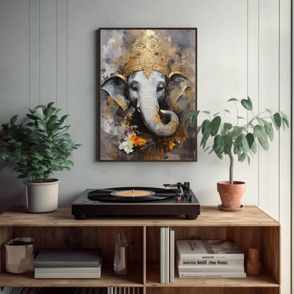 Ganesha Gold , Hindu God Pooja Room canvas wall art, gallery-wrapped or framed