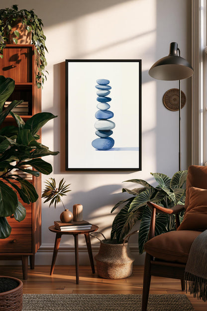 a serene and cozy living room with a large framed picture of blue stones hanging on the wall, surrounded by lush green plants and a comfortable chair.