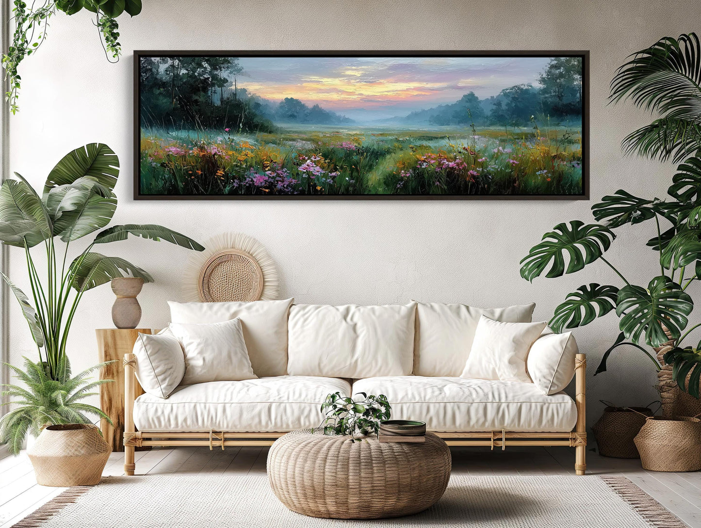 a living room with a large, framed painting of a field with flowers hanging on the wall above a white sofa. The sofa is positioned in front of a wicker coffee table, and the room is decorated with various potted plants and other natural elements, creating a serene and inviting atmosphere.