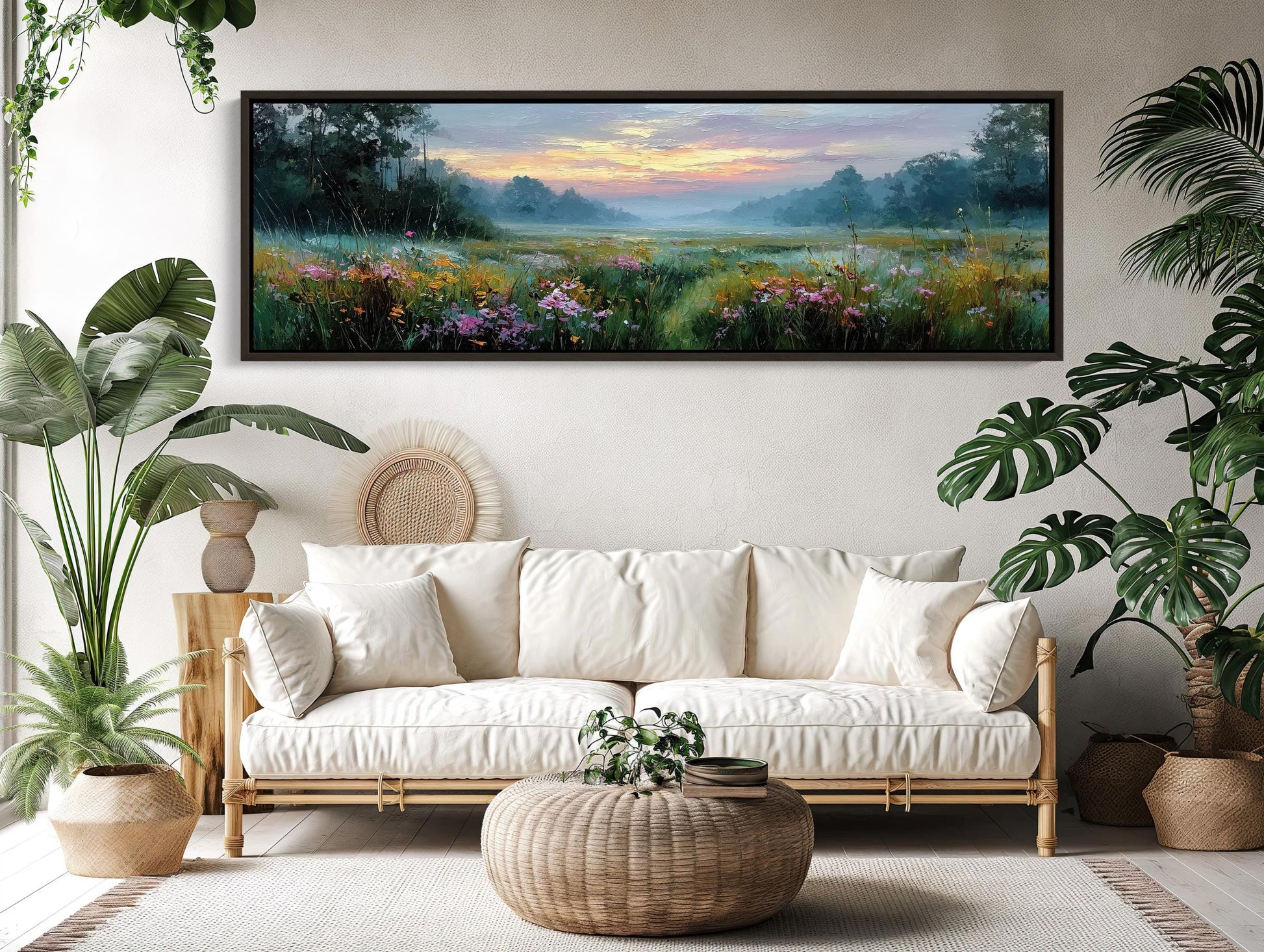 a living room with a large, framed painting of a field with flowers hanging on the wall above a white sofa. The sofa is positioned in front of a wicker coffee table, and the room is decorated with various potted plants and other natural elements, creating a serene and inviting atmosphere.