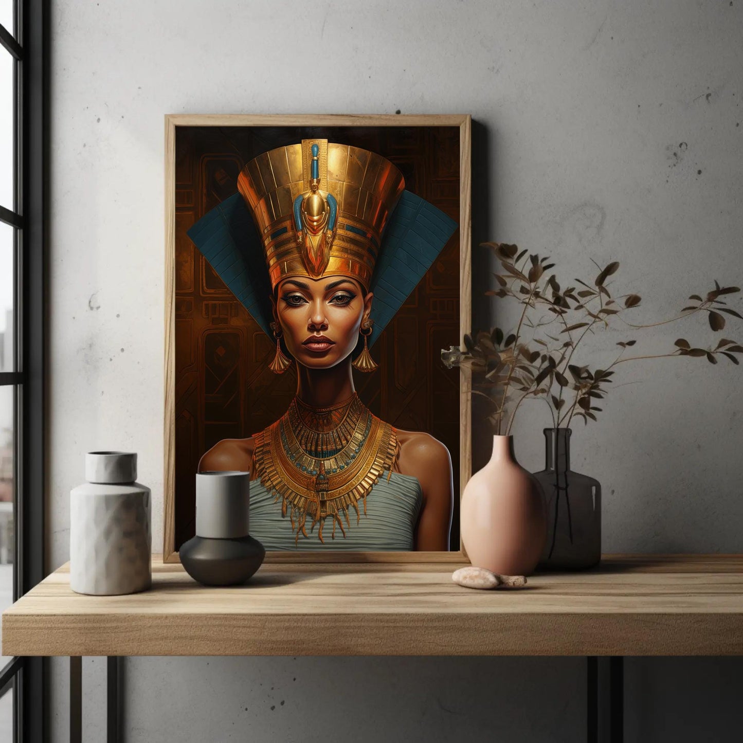 Queen Nefertiti , Egyptian Royal Black canvas wall art shown in a styled room (view 5)