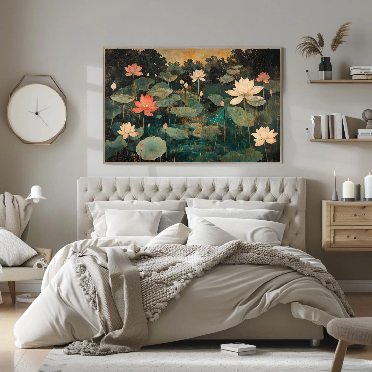 Lotus Pond , Gold Teal Indian Mughal Floral Art canvas wall art shown in a bedroom (view 2)