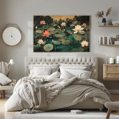 Lotus Pond , Gold Teal Indian Mughal Floral Art canvas wall art shown in a bedroom (view 2)
