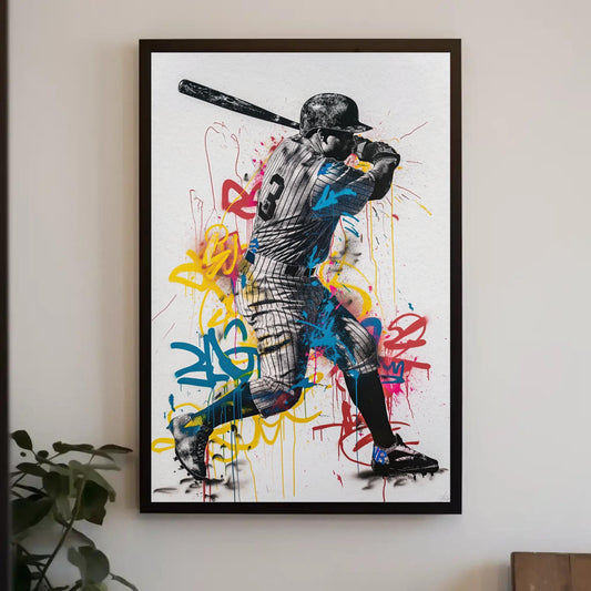 a painting of a baseball player holding a bat