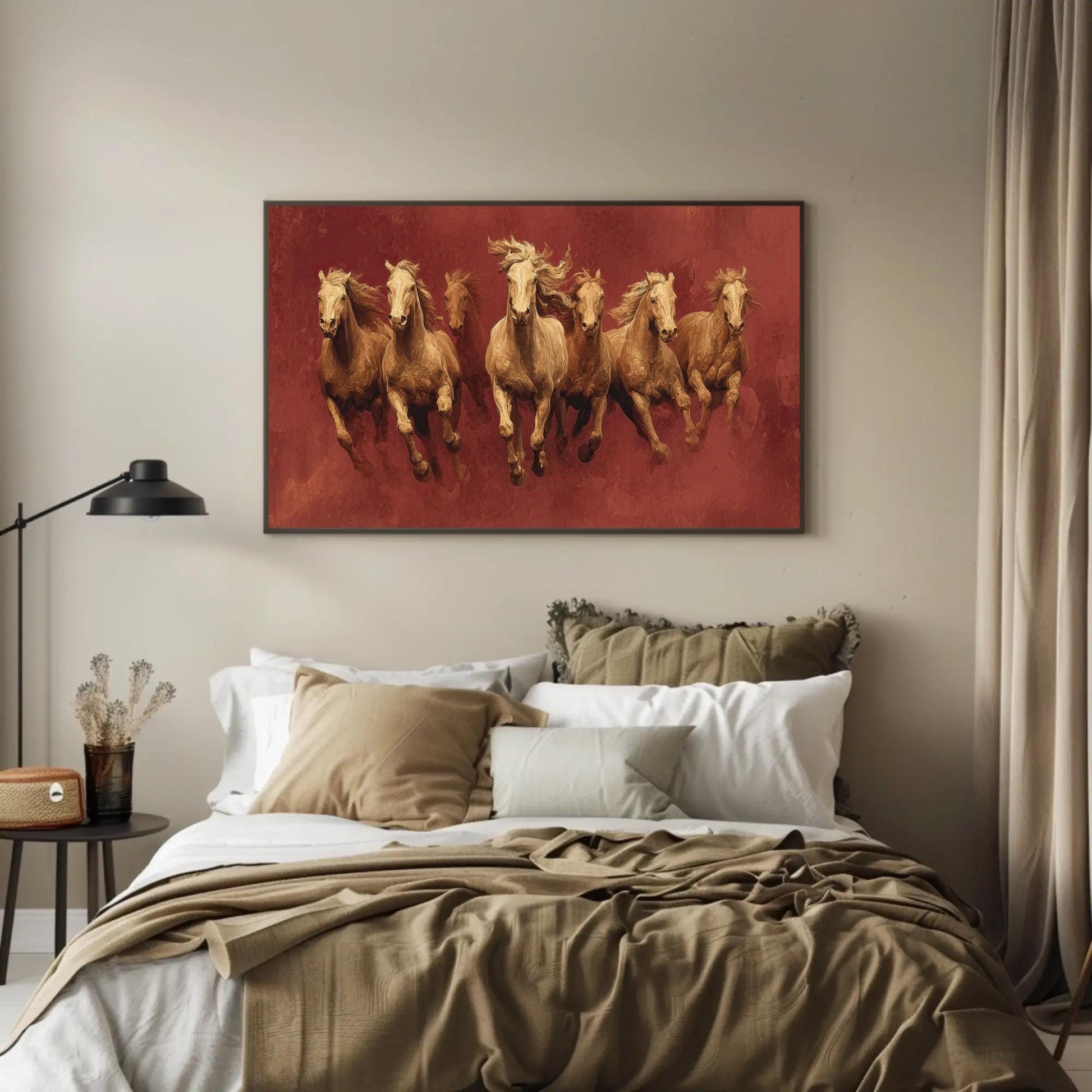 a bedroom with a bed and a painting on the wall