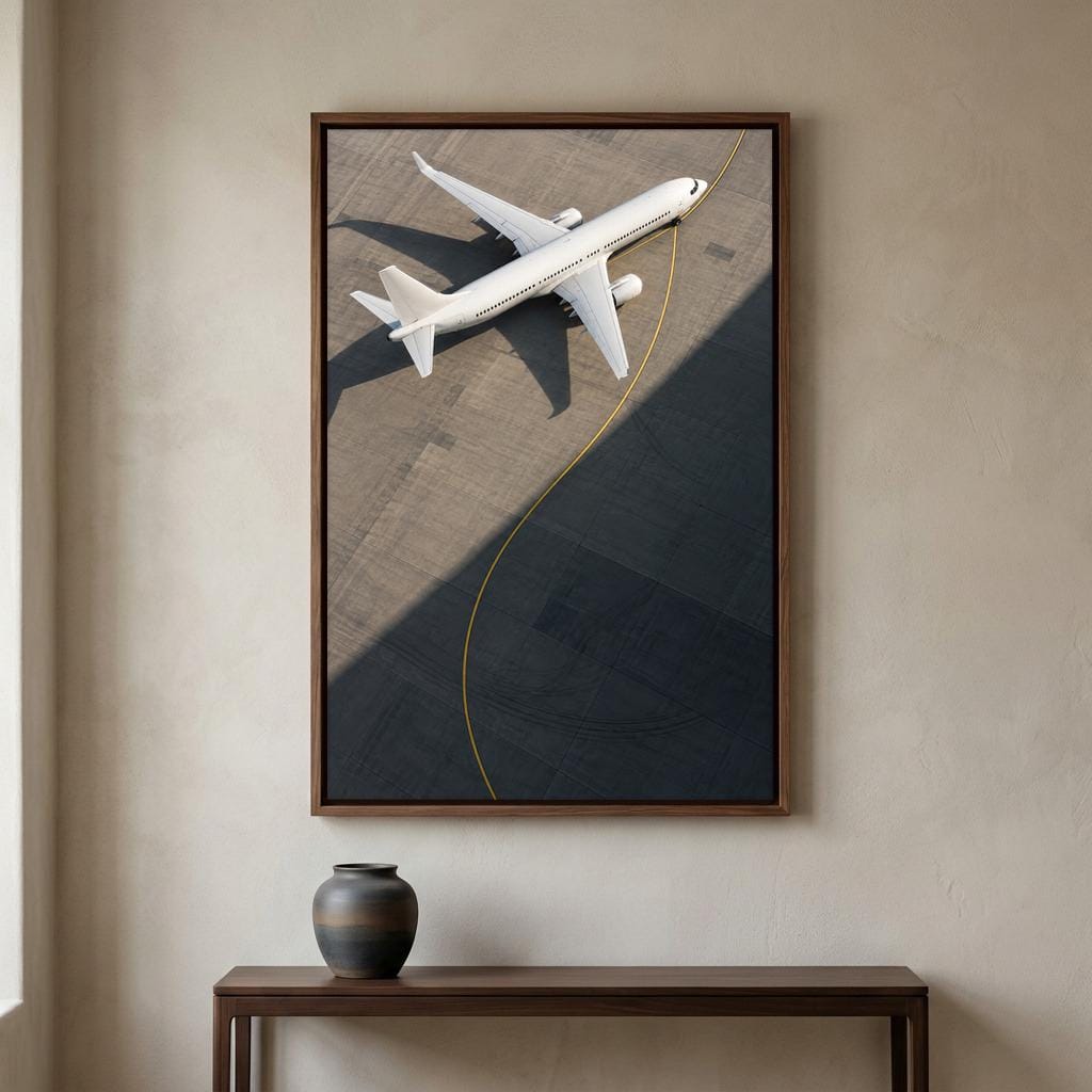 A framed photograph of a white airplane on an airport runway is hanging on a wall above a wooden console table.
