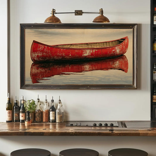 a large framed painting of a red canoe on a white wall above a wooden bar counter with various bottles and spices.