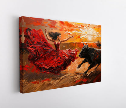 Flamenco dancer and bull canvas wall art in a room setting