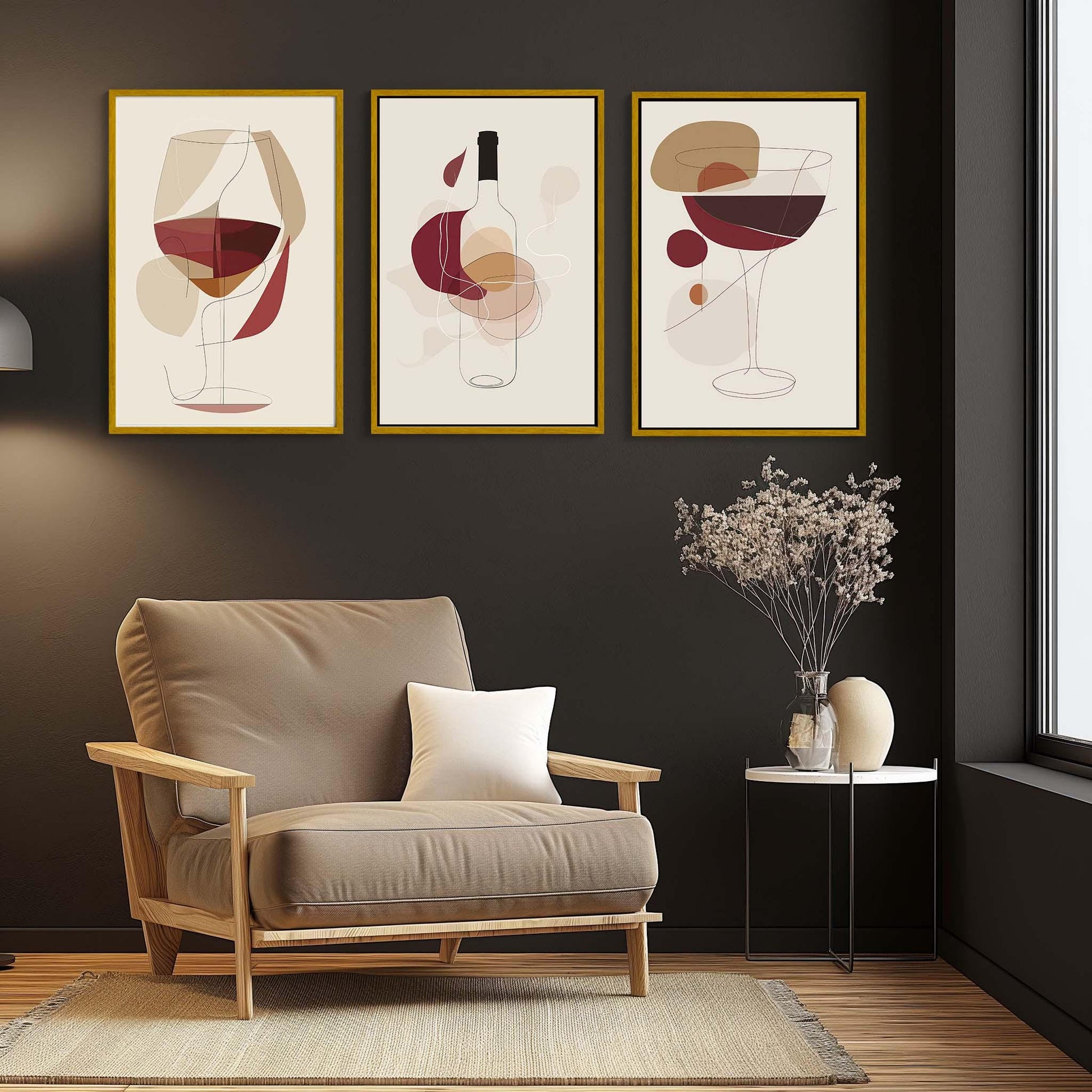 Boho Wine Glass Prints canvas wall art shown in a living room
