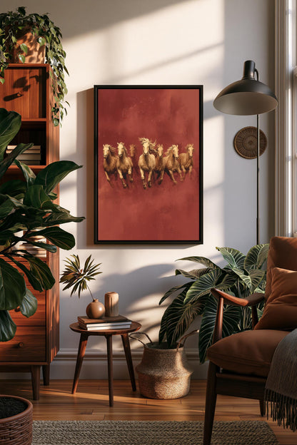 a cozy living room with a large framed painting of horses on the wall, surrounded by various plants and furniture.