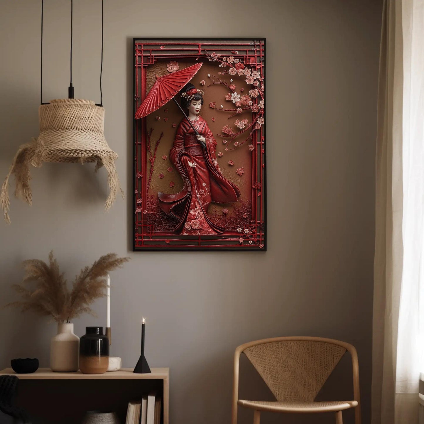3D Geisha canvas wall art shown in a styled room