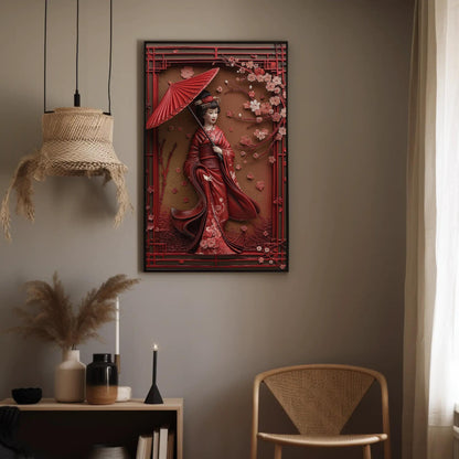 3D Geisha canvas wall art shown in a styled room