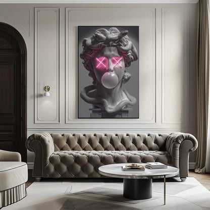 Medusa canvas wall art shown in a living room