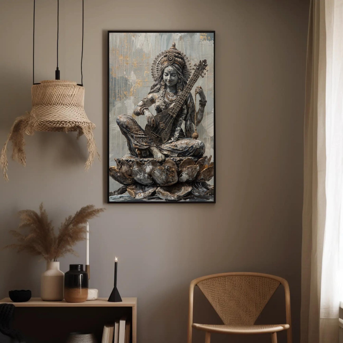 Saraswati Hindu Goddess Art canvas wall art shown in a styled interior