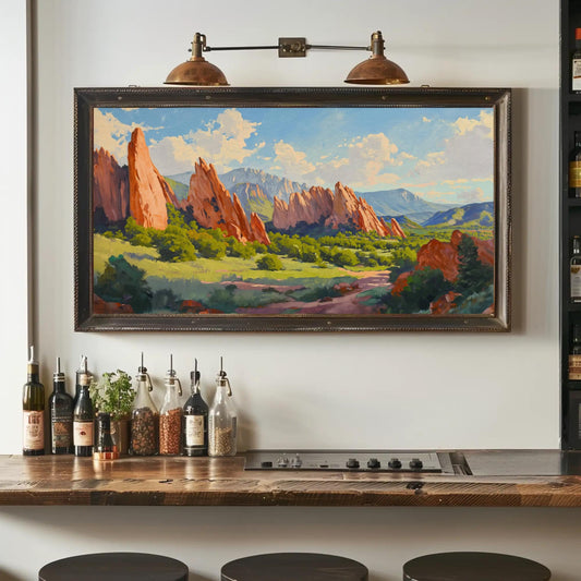 a painting hanging on a wall above a bar