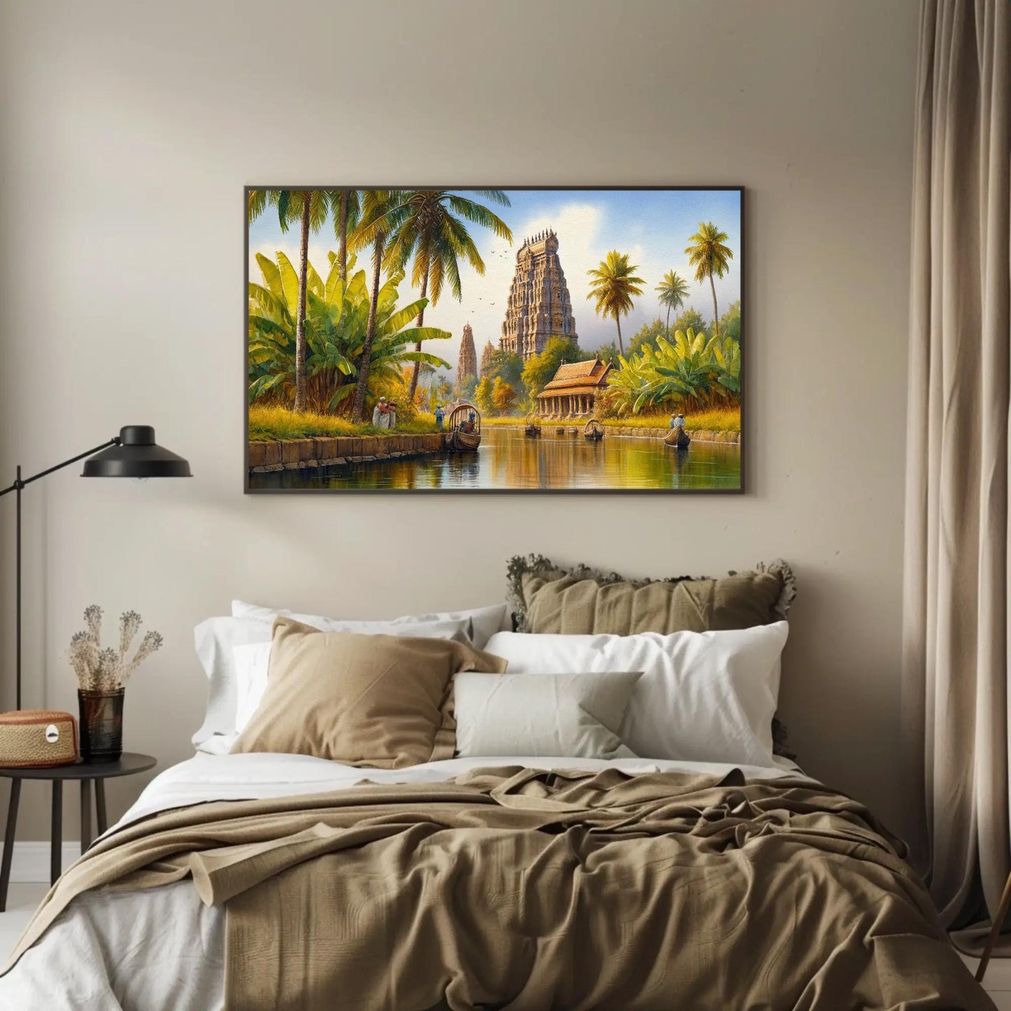 South India Backwaters , Kerala Temple canvas wall art shown in a bedroom