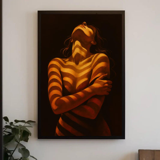 Chiaroscuro woman canvas wall art, woman with arms crossed under striped warm light and shadow