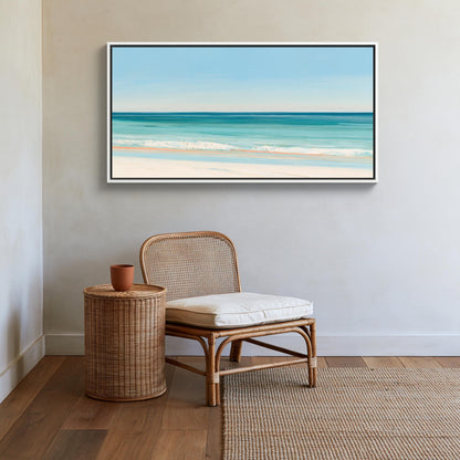 Turquoise ocean beach canvas wall art, serene beach scene with a wicker chair and a woven side table, both situated in a