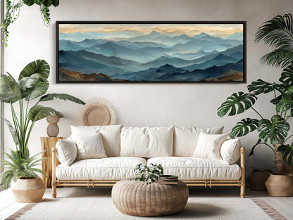 Misty Mountain Canvas Print, Japandi Panoramic Landscape Wall Art
