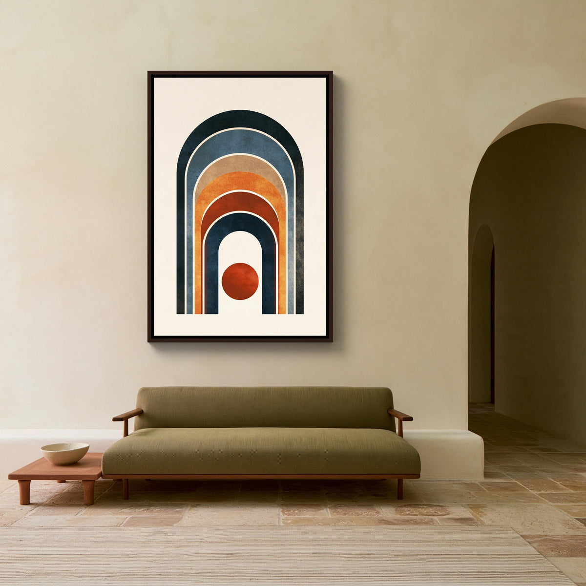 Boho rainbow arch and sun canvas wall art, modern living room with a green sofa and a wooden coffee table. Above the sofa