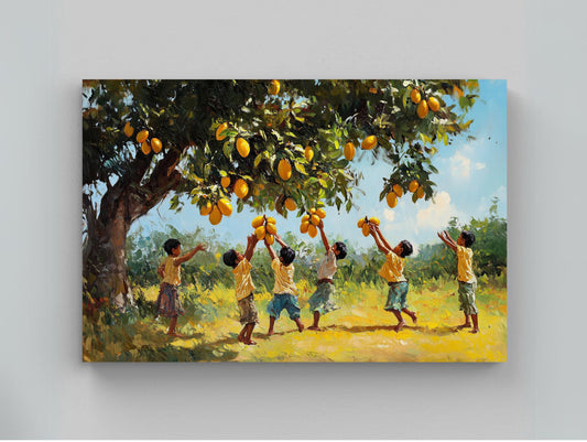 a painting of children picking oranges from a tree