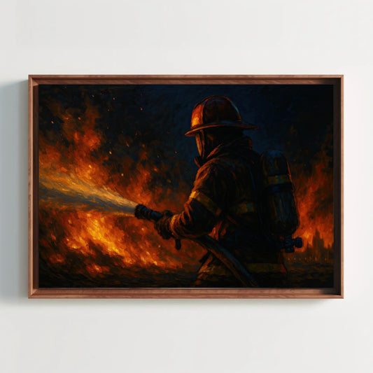 a painting of a firefighter spraying water on a fire