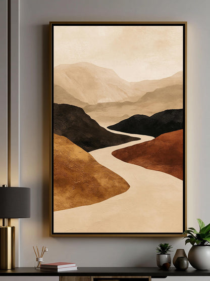 Abstract Mountain Wall Art, Winding River Canvas, Terracotta Ochre