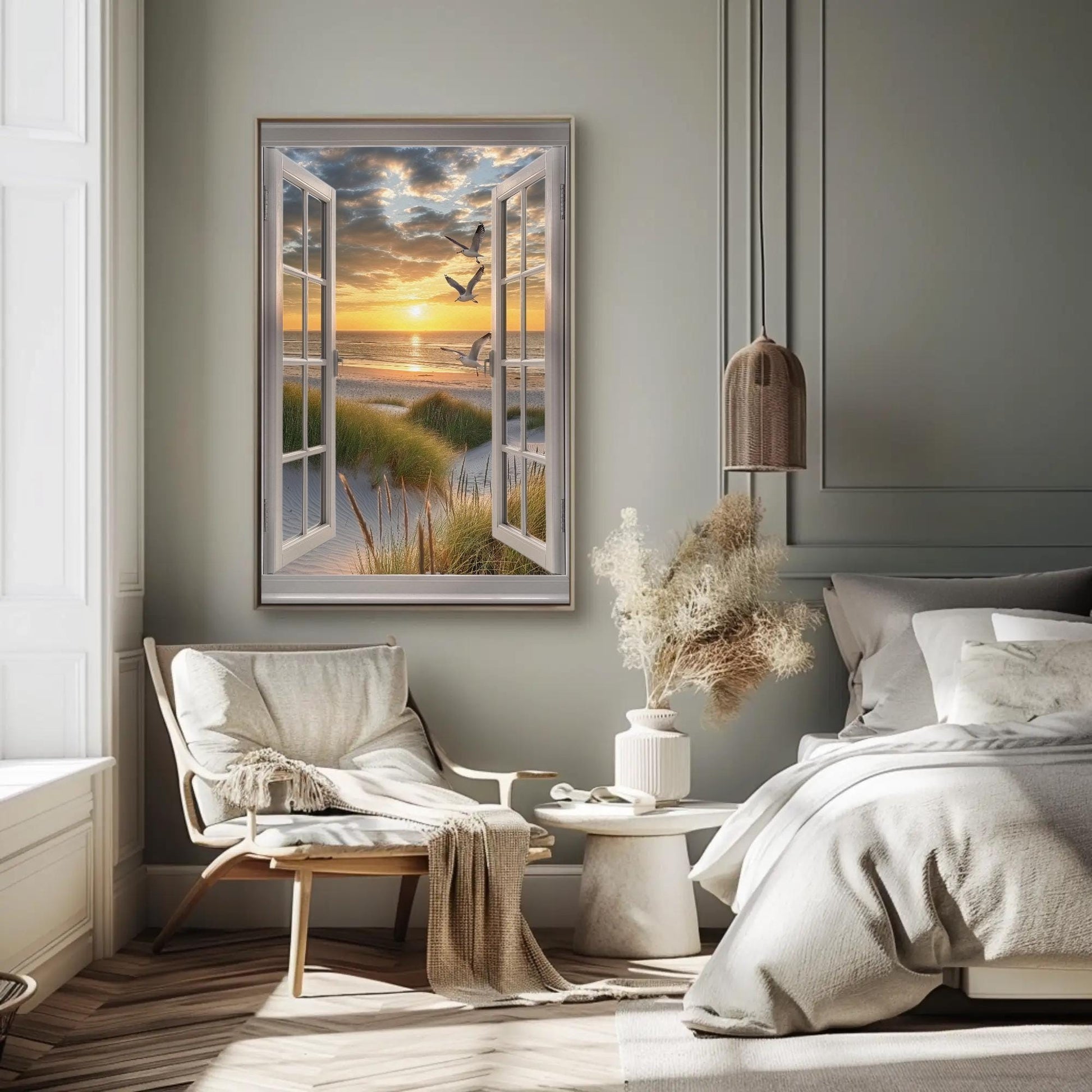 3D Faux Window Art - Sandy Beach View Canvas Print | Coastal Wall Decor - Antarmada