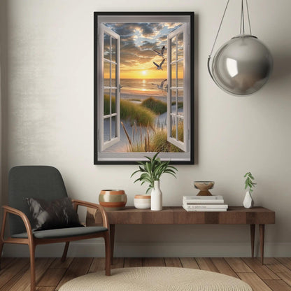 3D Faux Window Art - Sandy Beach View Canvas Print | Coastal Wall Decor - Antarmada