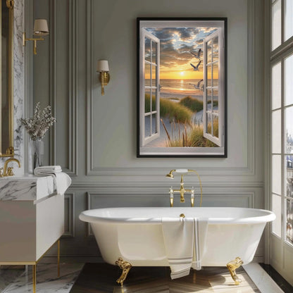 3D Faux Window Art - Sandy Beach View Canvas Print | Coastal Wall Decor - Antarmada
